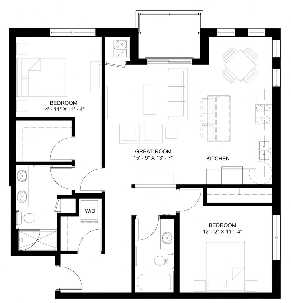 Floor plan for 2 beds, 2 baths, 1146 sqft
